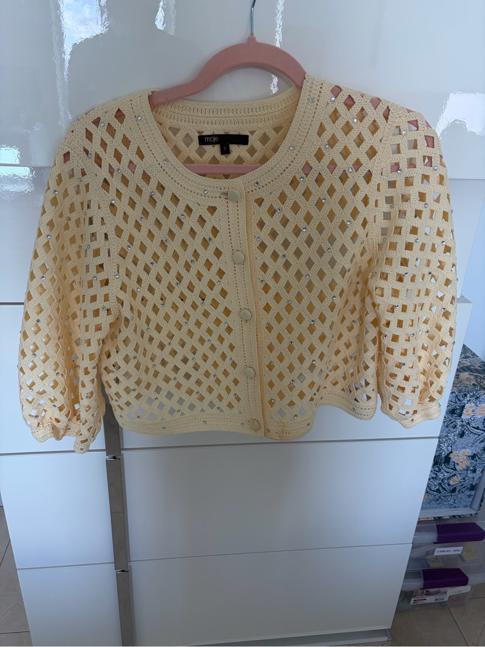 Maje light yellow Openwork Knit Cropped with rhinestones Cardigan
